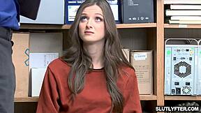 hey this tattoed brunette shoplyfter teen gets spreadeagle fucked in office with blowjob and doggystyle penetrating her natural tits pussy at work