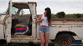 Watch me strip sensually outdoors in this petite portugese milf tease. My small tits and brunette bombshell body shine in the sun.