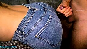 Edging cum on ripped jeans ass of young wife