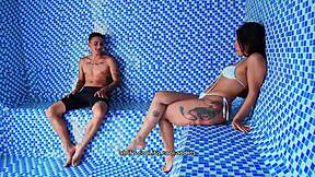 big ass colombian milf rides young guy cock in public sauna to facial cum?