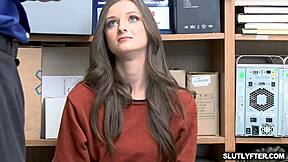 hey this tattoed brunette shoplyfter teen gets spreadeagle fucked in office with blowjob and doggystyle penetrating her natural tits pussy at work