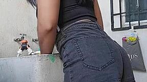 This Mexican chick gets bent over while doing laundry in the kitchen