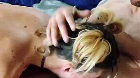 Pigtailed milf engages in group activity with husband watching the intense encounter.