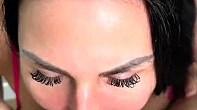 In the bedroom, this cute milf with big tits rides cowgirl on a big cock. She swallows the cumshot after a rough quickie.