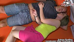 German stepdaughter meets her stepdad early in the morning and seduces him into taboo old and young 18+ sex for cash in skirt.