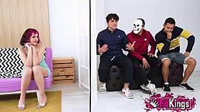 Petite redhead teen Mei handles 3 rookie dudes in rough doggystyle and cowgirl group fucking session