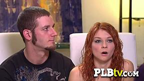 Multiple hands are touching her petite body in this group game