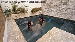 oh wow these two hot latinas fingering and masturbating in public pool scared of getting caught by someone