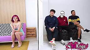 Petite redhead teen Mei handles 3 rookie dudes in rough doggystyle and cowgirl group fucking session