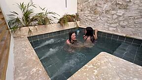 oh wow these two hot latinas fingering and masturbating in public pool scared of getting caught by someone