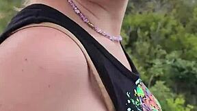 Petite MILF gives a homemade blowjob outdoors in nature during her trip to Chypre