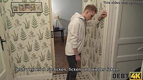 debt4k russian shopaholic gets fucked by debt collector while hubby watches in pov