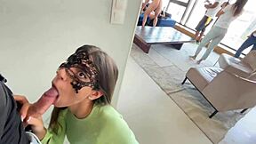 i love this crazy public threesome with backstage blowjob and wet workout fun