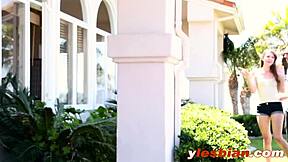 These slutty lesbians Mercedes and Zoey are licking each other's shaved cunts on the sofa.