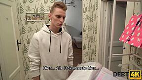 debt4k russian shopaholic gets fucked by debt collector while hubby watches in pov