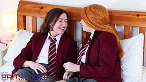 Two British students compete in a masturbation race while wearing their uniforms.