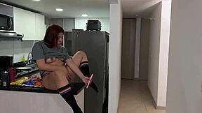 Colombian Stepsister's Boyfriend Fucks Her Big Latin Ass Doggy Style While She Masturbates in Kitchen and He Cums in Mouth