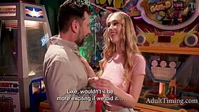 I'm thrilled as teenage stepdaughter teases daddy with deepthroat moves in the outdoor arcade