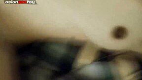 amateur asian couple enjoys passionate doggystyle session ending with cum on her hairy petite pussy.