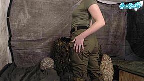 blonde horny female soldier gets naughty on cam, fingering her pussy until orgasm