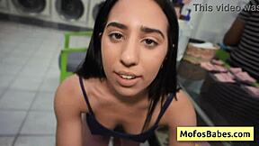 Horny petite teen brunette Nikki Mars delivers wet blowjob to Jason Legend's monster cock in public laundry hardcore fucking