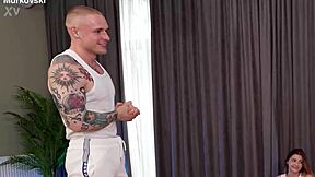 Fitness trainer bends over two cute clients for deepthroat and doggystyle. 😏