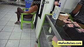 Horny petite teen brunette Nikki Mars delivers wet blowjob to Jason Legend's monster cock in public laundry hardcore fucking