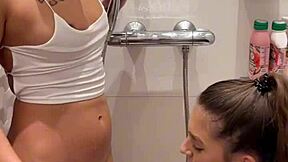 Lesbian Shower Turns into Sloppy Double Blowjob with Huge Facial Cumshot and Cum Swap in Pov