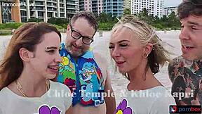 I watch Chloe Temple take double vaginal creampies in threesome with Khloe Kapri during bedroom fucking