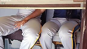 In a forbidden classroom game, the hot college girl flashes her uniform. She rides the desk wildly in a quickie with her student friend.