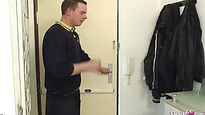 German teen 18+ tight tini gets caught by postman who convinces her to fuck doggystyle. she takes his big cock and ends with a facial cumshot.