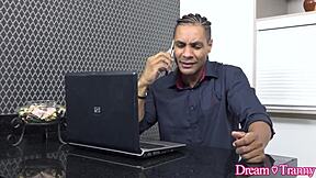 Two hung men take turns cumming inside Sabrina Lins trans ass in 3some