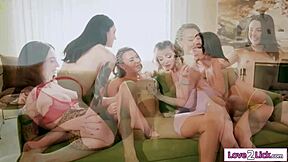 petite small tits straight girl seduced by 3 horny lesbians for muff diving!