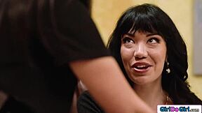 petite brunette seduces her big tit latina lesbian milf boss