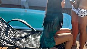 Damn, pounding that hot Brazilian nerd's pussy hard at the pool party, then forcing her to swallow my load! 💦🍆