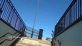 Blonde amateur teen babe Lissa flashes her shaved pussy outdoors and masturbates