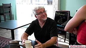 Old man eagerly licks and fingers the hairy pussy of a petite teen 18+ babe. Then he fucks her hard until she moans in ecstasy.