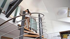 the old man hooked up with the brunette girl after her shower for passionate fucking