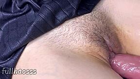 teasing my stepdaughter's hairy wet pussy up close with big cock creampie 💦