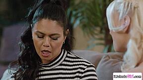 Big tits Asian milf licks and tests stepdaughter's blonde petite girlfriend with kissing and pussy sucking 😏