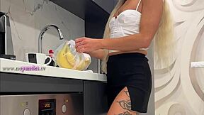 Hey hot tattooed blonde with long hair, why are you taking off your panties in the kitchen to show that meaty pussy and sexy ass?