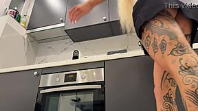 Hey hot tattooed blonde with long hair, why are you taking off your panties in the kitchen to show that meaty pussy and sexy ass?