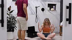 Oh stepmom strip down now! Let me lick your shaved pussy and deepthroat my big cock before fucking those big tits!