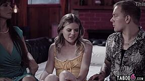 Family tradition means making a home movie, stepmom Syren De Mer says to stepson and his teen gf Nikki Sweet, as they dive into threesome fucking with pussy licking and hardcore taboo sex.