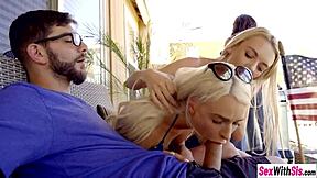 Whoa, teen stepsister and her blonde friend deliver intense blowjob on big cock leading to shaved pussy creampie!