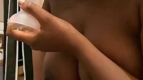 naughty ebony solo with dildo fucking her creamy hairy pussy until wet and dripping