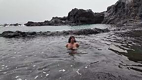 Stepmom practices sucking candy on the beach then emotionally tries skills on stepson's dick