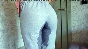 Amateur Curvy Babe In Jeans And Panties Experiences Desperation Pee On Sweatpants During Gym Workout