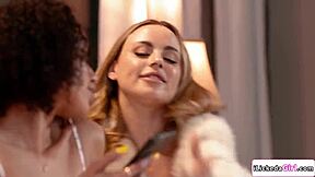 Watch Blonde College Babe Pussy Licking Ebony Lesbian Roommate in 69! Interracial Dorm Action Heats Up With Shaved Pussy Sucking and Kissing!