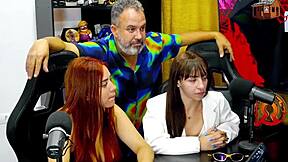 binho ted brought two hot girls to the podcast, they stripped right away, que del�cia with their big asses and tits